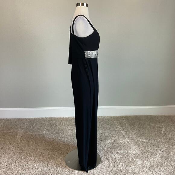 R&M Richards Women's Jumpsuit Size 10 Black Beaded One-Shoulder Wide Leg Pant - Picture 4 of 13